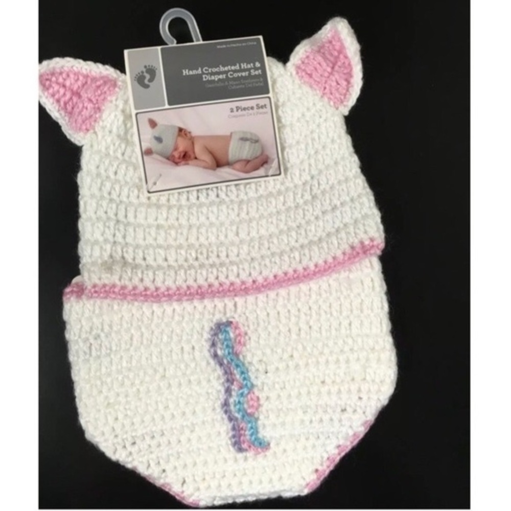 Hand Crocheted Hat And Diaper Cover Unicorn 0-9 Mo